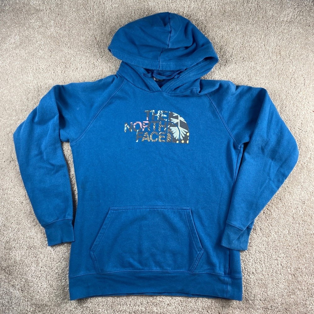 The North Face Women's Hoodie‎ Medium Blue Floral Logo Pullover Sweatshirt